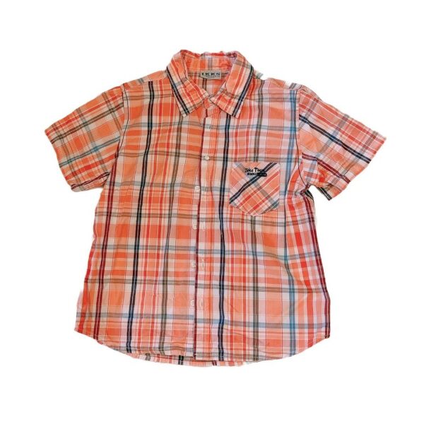 《IKKS愛的世界》橘色格紋短袖薄男童襯衫(未標示尺寸適合130) NT$119