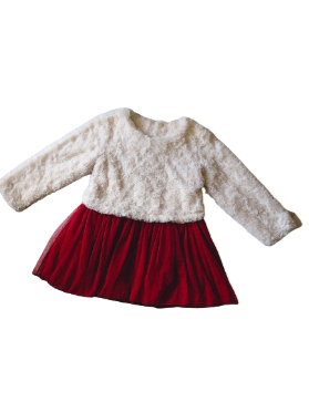 【聖誕風格】白色玫瑰毛絨紅紗裙連身長袖洋裝(5)