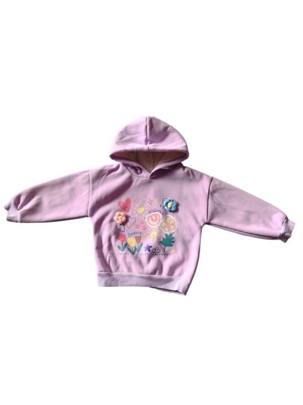 紫色立體花朵落肩連帽舖綿長袖上衣(100)