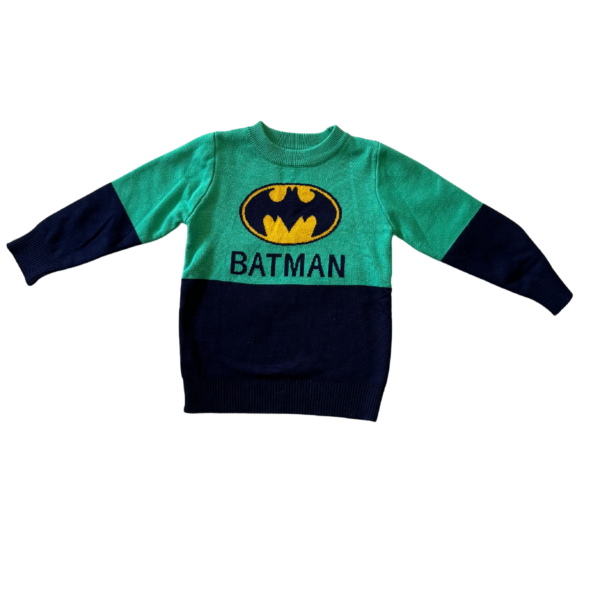 二手童裝-綠黑撞色蝙蝠俠厚針織長袖上衣(110公分)