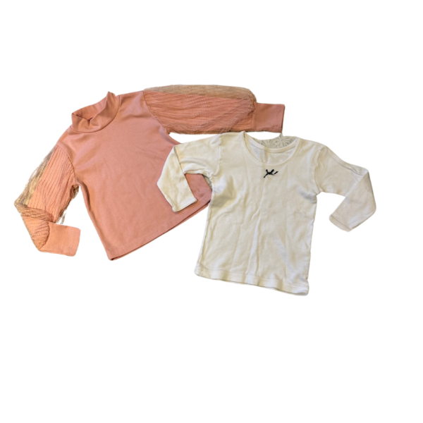 粉紅薄紗袖矮領長袖上衣&白色圓領小蝴蝶結內搭長袖上衣二件組(100)