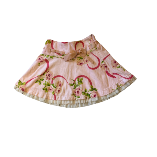《MINI-J》粉紅花朵絨布蕾絲裙尾短裙(115-125)