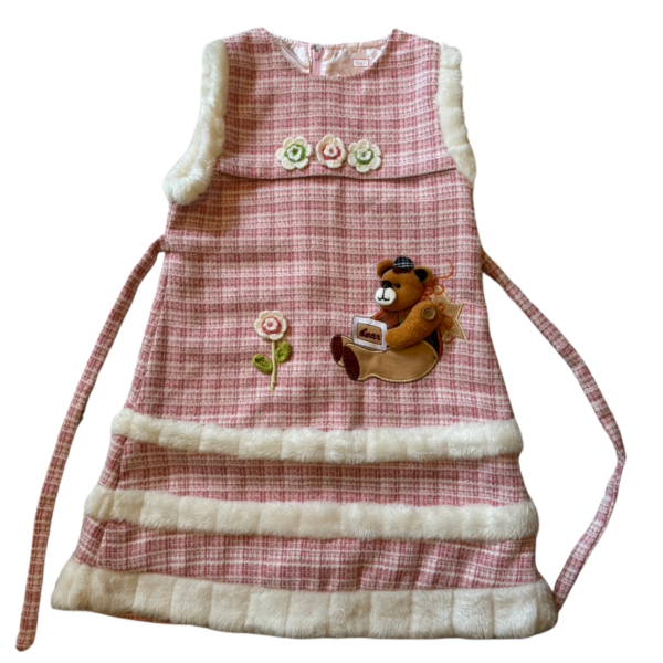 香港製手工毛料格紋小熊裝飾綁帶背心裙(10)(100公分)
