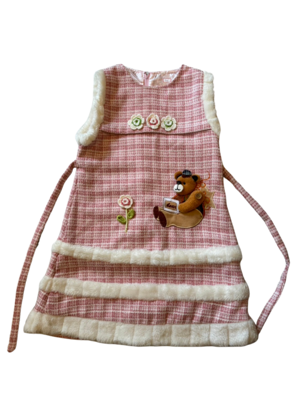 香港製手工毛料格紋小熊裝飾綁帶背心裙(10)(100公分)
