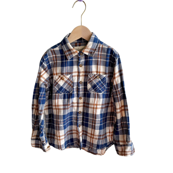 《Lativ》棕藍色法蘭絨格紋長袖男童襯衫(120)