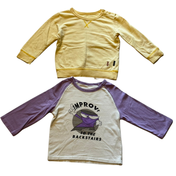 《千趣會》日牌鵝黃色小熊毛圈布長袖上衣&紫白撞色綿長袖上衣(90)