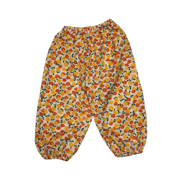 黃橘花朵圖案薄縮口長褲(90)