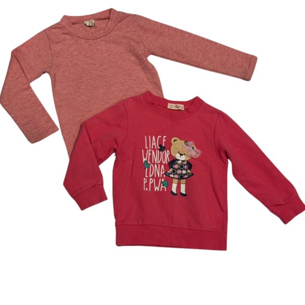 粉紅薄矮領長袖上衣(5)&粉紅熊棉質運動上衣(11)二件組