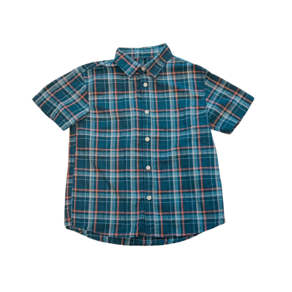 UNIQLO藍色薄棉格紋男童短袖襯衫(120)