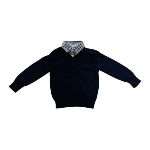 H&M童裝 學院風深藍格紋假兩件長袖針織上衣(1.5-2歲92公分)