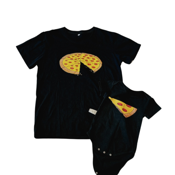 Pizza親子裝 黑色包屁衣(9M)大人短袖上衣(L)二件組