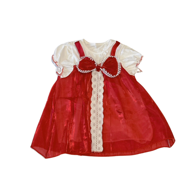 紅色蝴蝶結造型薄紗白色短袖連身裙 女童洋裝(90)