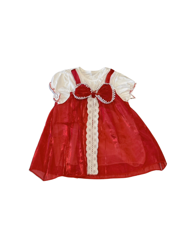 紅色蝴蝶結造型薄紗白色短袖連身裙 女童洋裝(90)