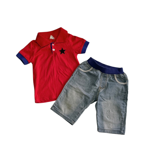 紅色短袖POLO衫及淺藍薄牛仔五分褲二件組(5)(90公分)