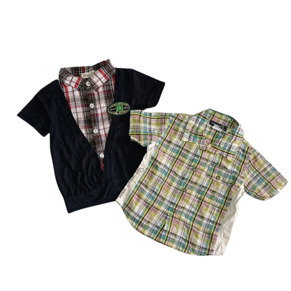 愛的世界格紋薄短袖男童襯衫(2A)及深藍假兩件薄短袖男童襯衫(5)二件組(90公分)