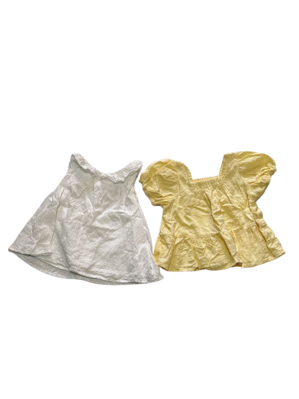 mamas&papas白色涼感蕾絲無袖小洋裝 長版上衣及BEBABY黃色蕾絲蓬蓬袖上衣二件組(9-12M)