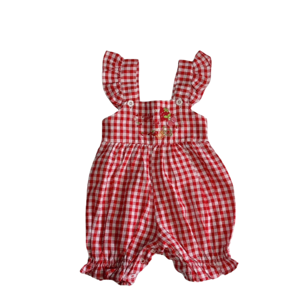 紅白格紋電繡草莓圖案薄兒童連身褲(9-12M)