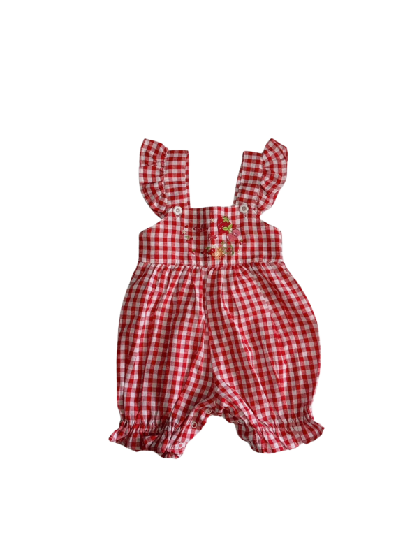 紅白格紋電繡草莓圖案薄兒童連身褲(9-12M)
