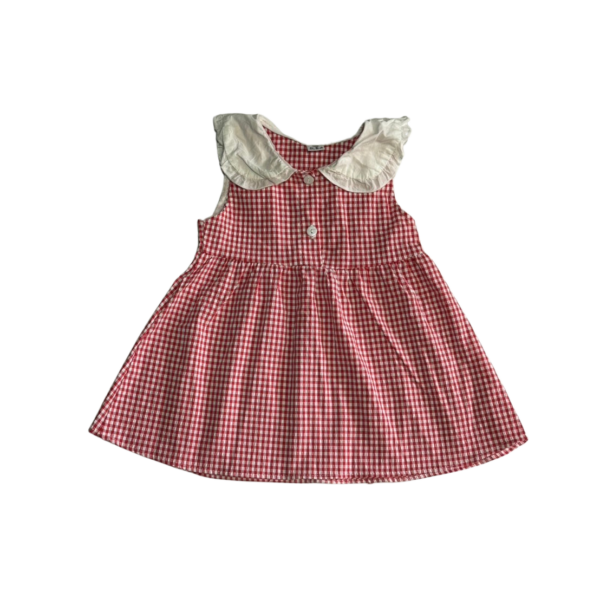 紅白格紋翻領鴨鴨圖案無袖薄女童洋裝(100公分)