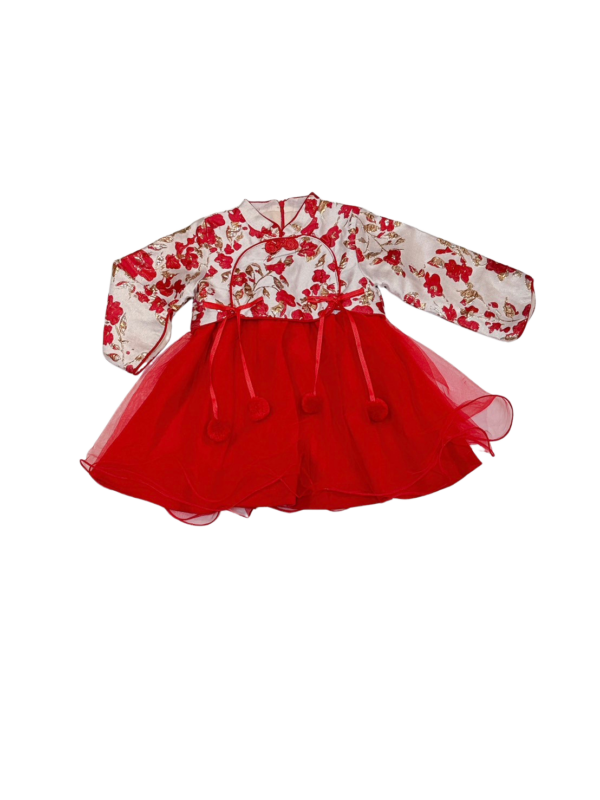 紅色繡花網紗厚綿中國風女童紗裙(100)