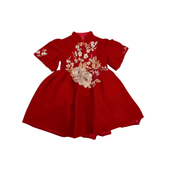 紅色絨布繡花中國風女童洋裝(100)