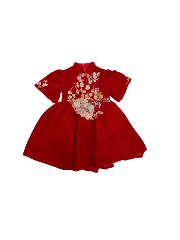 紅色絨布繡花中國風女童洋裝(100)