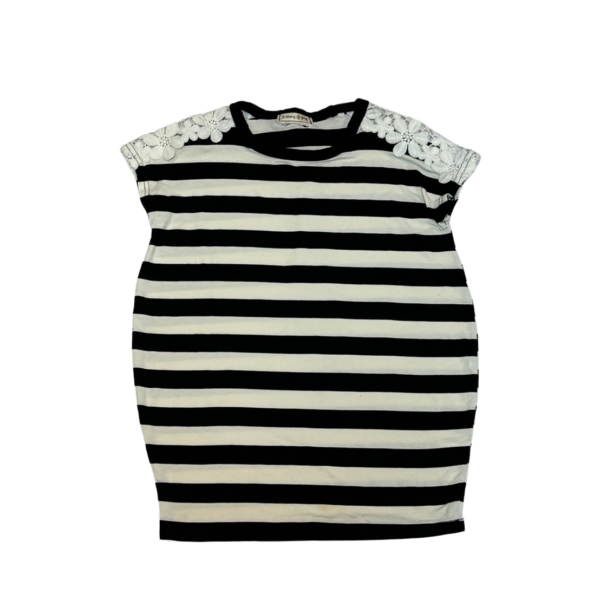 韓國童裝推薦B.bbang黑白條紋挖肩綿質彈性寬版女童短袖上衣(13)(120-130公分)