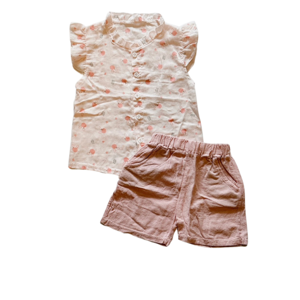 粉紅麻紗花邊袖兔兔短袖套裝二件組(110)