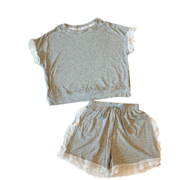 灰色花邊寬版短上衣薄女童短袖套裝二件組(110)
