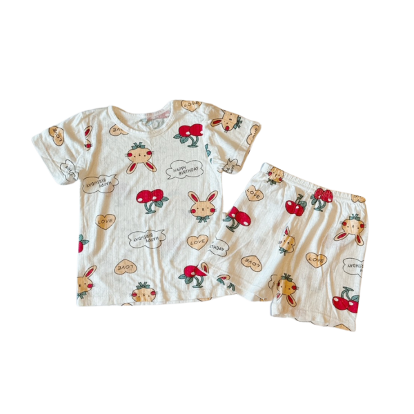 白色兔兔生日圖案薄短袖女童套裝二件組 女童居家服 女童睡衣(90)