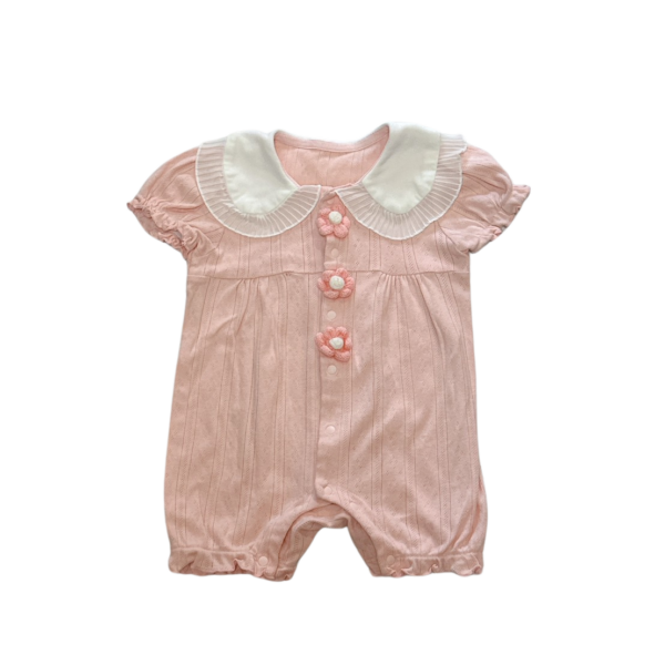 粉紅透氣綿質蕾絲圓領花朵嬰兒連身衣(6M)
