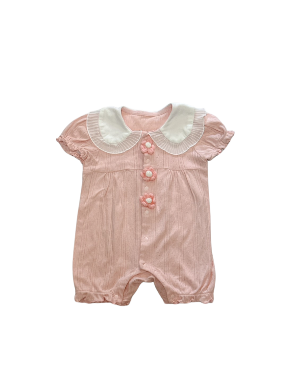粉紅透氣綿質蕾絲圓領花朵嬰兒連身衣(6M)