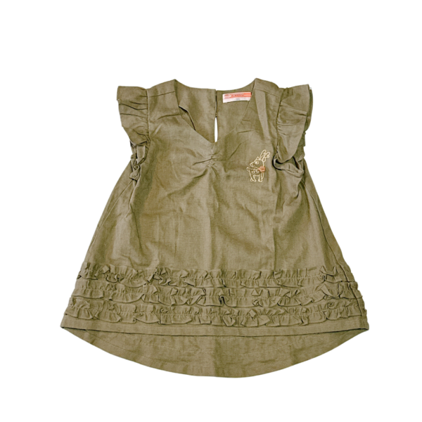 墨綠棉麻小鹿圖案無袖女童洋裝 長版上衣(120)