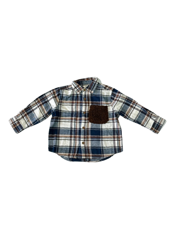 NET童裝法蘭絨藍咖格紋長袖襯衫(12-18M)