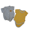 藍白格紋棉麻襯衫造型短袖包屁衣&藍黃條紋棉質短袖包屁衣二件組(73)